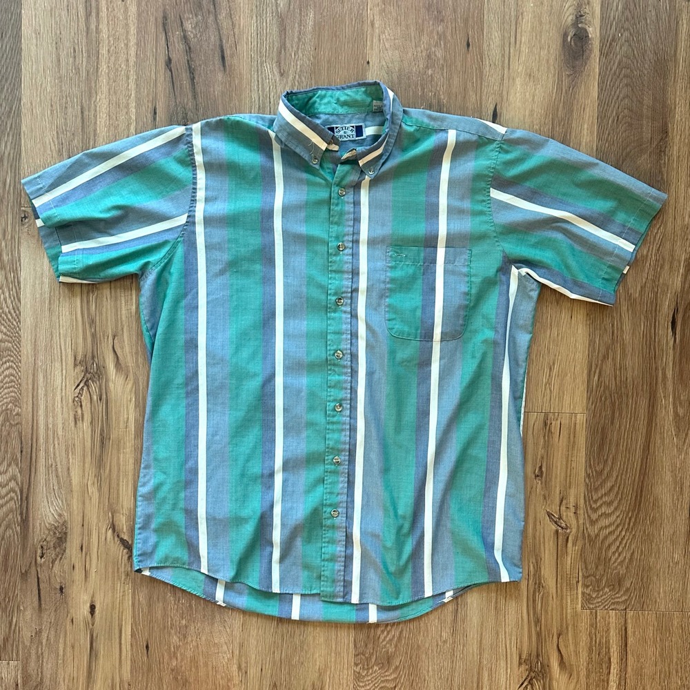Sutter &‎ Grant Mens LT Vertical Stripe Short Sleeve Button Down Shirt Teal Blue